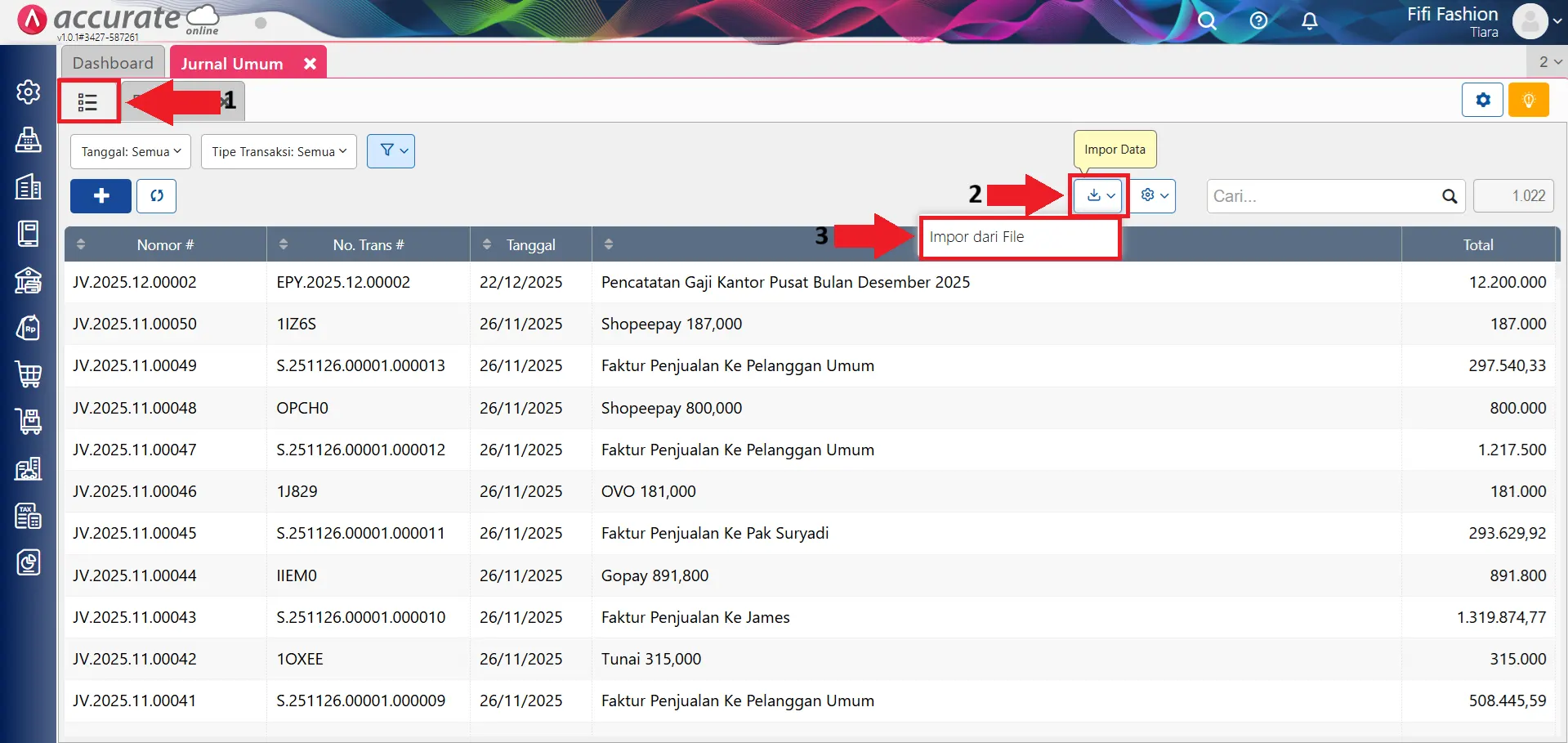 impor jurnal umum file excel/CSV